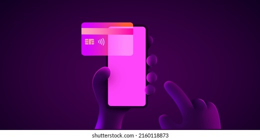 Mobile Banking-App und E-Payment. Handle mit Smartphone und bezahle per Kreditkarte per E-Mail drahtlos per Telefon. Online-Banking. Shopping per Telefon und angeschlossene Karte. Vektorgrafik