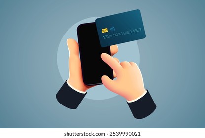 Mobile banking app and e-payment. Hand with smartphone and pay by credit card via electronic wallet wirelessly on phone. Online banking. Shopping by phone and connected card. Vector illustration