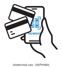 Mobile banking app and e-payment icon. Hand with smartphone and pay by credit card, vector illustration