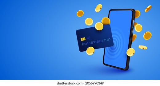 Mobile banking app and e-payment. Smartphone pay by credit card via electronic phone wallet. Online banking. Shopping by phone and connected card. Vector illustration