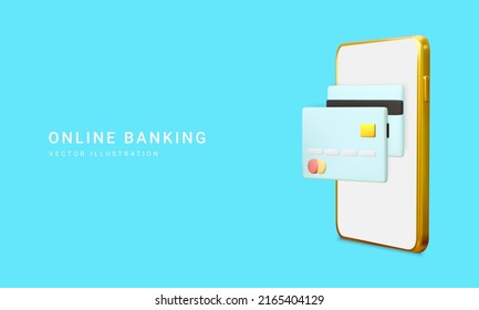 Mobile banking app and e-payment. Smartphone pay by credit card via electronic phone wallet. Online banking. Credit card for online payment or shopping. Vector illustration
