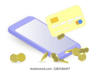 Mobile banking app and e-payment. Smartphone pay by credit card via electronic phone wallet. Online banking. Shopping by phone and connected card. Online payment credit card. Vector illustration