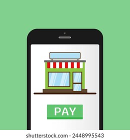 Mobile banking app and e-payment. Smartphone pay by credit card via electronic phone wallet. Online banking. Shopping by phone and connected card. Vector illustration
