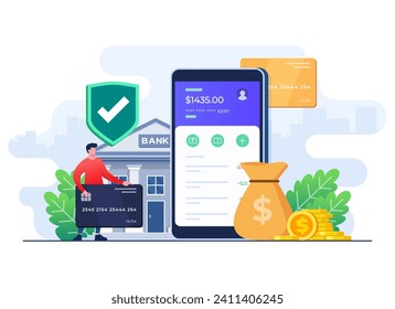 Mobile banking app flat illustration, Online banking, E-commerce, E-banking, Male character trying to access bank account using a smartphone, Money transfer, Credit card payments, Business and finance