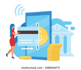 Mobile banking app flat vector illustration. Credit card transaction, bill payment cartoon concept. Easy to use application. Online bank account. Ebanking, ewallet. E payment isolated metaphor