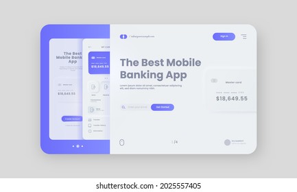 Mobile Banking App Hero Banner Or Landing Page In White And Blue Color.
