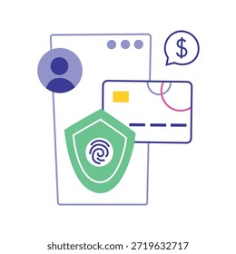 Interface de aplicativo de banco móvel na tela do smartphone, ilustração de desenho animado plano vetorial de conta e gestão de cartão bancário. Proteção de impressão digital, perfil do usuário e cifrão, segurança bancária on-line