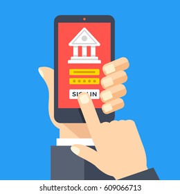 Mobile banking app on smartphone screen. Financial app, online banking, login page concepts. Hand holding smartphone, finger touching screen. Modern flat design graphic elements. Vector illustration.