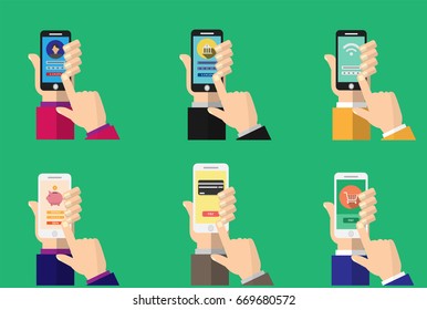Mobile banking app on smartphone screen. Financial app, online banking. finger touching screen. Vector illustration.
