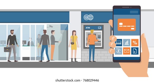 Mobile Banking App On A Smartphone And Bank With Customers And Atm On The Background, Technology And Finance Concept