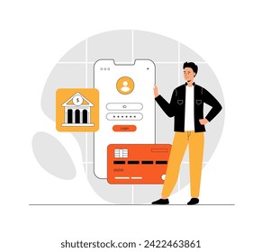 Mobile banking app. Online money transfers and transactions. Man with credit card and login page on smartphone screen. Illustration with people scene in flat design for website and mobile development.
