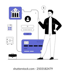 App de banca móvil. Transferencias y transacciones de dinero en línea. Hombre con tarjeta de crédito y Página de inicio de sesión en la pantalla del teléfono inteligente. Ilustración vectorial con gente de línea para el Diseño web.	