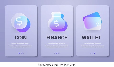 Mobile banking app pages menu in glassmorphism style. Coin and wallet vector banners set.