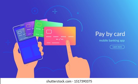 Aplicación bancaria móvil y pago con tarjeta de crédito a través de una cartera electrónica inalámbrica y fácil. Brillante ilustración vectorial de la mano humana sosteniendo un smartphone y eligiendo una tarjeta de mano para pago móvil en línea