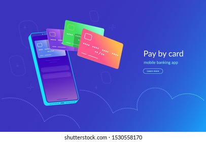 Mobile banking app and payment by credit card via electronic wallet wirelessly and easy. Bright vector illustration of various bank cards flying out of the smartphone screen for online mobile payment