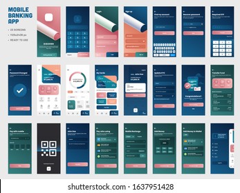 Mobile Banking App UI Kit With Different GUI Layout Including Log In, Create Account, Pay Or Transaction And Notification Screens.