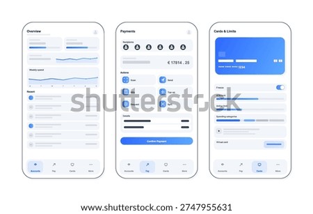 Mobile Banking App UI Screens for Payments and Card Limits. Modern fintech mobile UI set with account overview, payments flow, cards, limits controls. Mobile Banking Screens. Vector Mobile Phone App