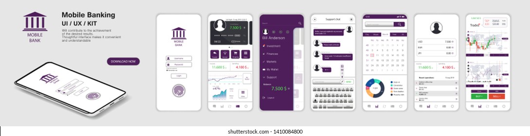 Mobile Banking App, UI, UX, KIT. A set of - Mockups screens for mobile banking or website with different GUI. (Login, payment detailed data statistics, money transfers and transactions, chat support)