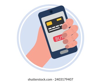 Mobile banking application and electronic payment. Human hand with smartphone and payment by credit card via e-wallet via internet in phone. Online banking. Shopping by phone and connected card