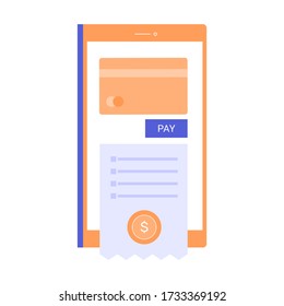 Mobile banking application and e-payment. Pay by credit card via electronic wallet wirelessly on smartphone. Purchase on the receipt. Vector flat illustration.