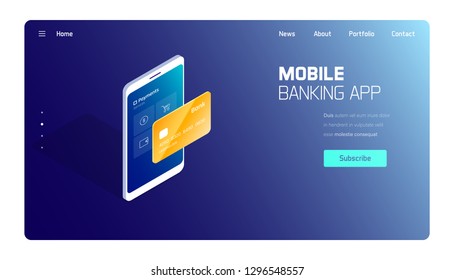 Mobile banking application with gold card, electronic bill, online payment system, finance and business data. Isometric vector illustration