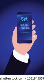 Mobile banking application on the cell phone screen in the male hand - bright blue gradient background - art vector