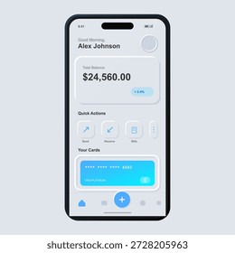 Una aplicación de banca móvil muestra el saldo total de la Cuenta de Alex Johnson en $ 24,560.00. Las acciones rápidas incluyen el envío y recepción de fondos y el pago de facturas.