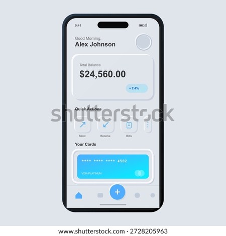 A mobile banking application shows the total balance of Alex Johnson's account at $24,560.00. Quick actions include sending and receiving funds, and paying bills.