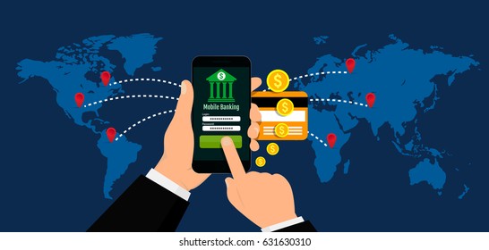 Mobile Banking weltweit, mobile Zahlungen und Geldtransaktionen.  Vektorgrafik. Flaches Design.