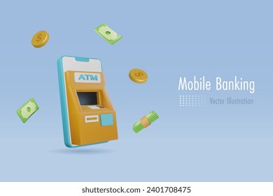 Mobile banking. ATM automated teller machine on smartphone screen. 3D vector cartoon character.