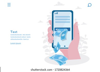 Mobile banking, ATM in smartphone, banknote, blue, e pay, e payment, electronic finance. Vector illustration for web banner, infographics, mobile. 