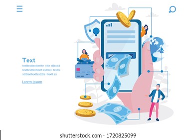 Mobile banking, ATM in smartphone, banknote, blue, e pay, e payment, electronic finance. Vector illustration for web banner, infographics, mobile. 