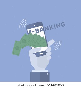 Mobile banking background. Concept business vector for investing into ideas, creative innovative work, growing business. Flat illustration with thin broken line.