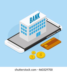 mobile banking with bank building vector illustration