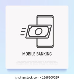 Mobile banking: banknote flying in smartphone. Modern vector illustration.