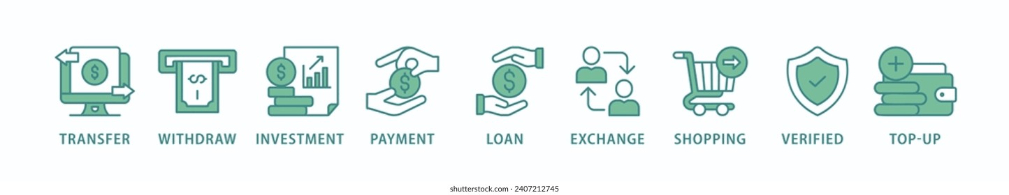 Mobile banking banner web icon vector illustration concept with icon of transfer, withdraw, investment, payment, loan, exchange, shopping, verified and top-up