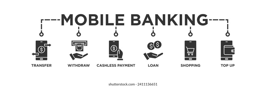 Mobile Banking-Banner-Web-Symbol Vektorgrafik-Konzept mit Symbol für Transfer, Rücknahme, bargeldlose Zahlung, Darlehen, Einkaufen, Top-up	