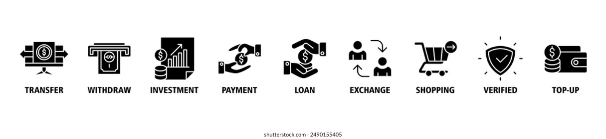 Mobile banking banner web icon set vector symbol illustration concept with icon of transfer, withdraw, investment, payment, loan, exchange, shopping, verified and top-up