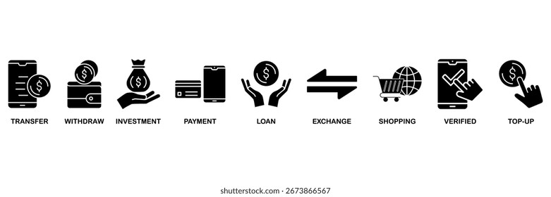 Mobile banking banner web icon vector illustration concept for transfer, withdraw, investment, payment, loan, exchange, shopping, verified and top-up