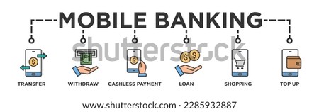 Mobile banking banner web icon vector illustration concept with icon of transfer, withdraw, cashless payment, loan, shopping, top up