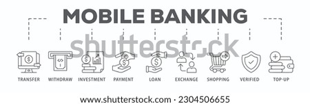 Mobile banking banner web icon vector illustration concept with icon of transfer, withdraw, investment, payment, loan, exchange, shopping, verified and top-up
