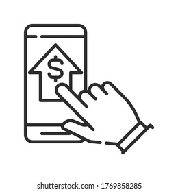 Mobile banking black line icon. Web paying, financial transaction. Pictogram for web page, mobile app, promo. UI UX GUI design element. Editable stroke