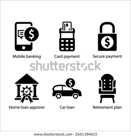 Mobile banking, Card payment, Secure payment, Home loan Approve, Car loan, Retirement plan, icon