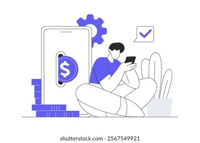 Mobile banking. Character paying for purchases in mobile application with secure pay services, making online transaction. Flat Cartoon Vector Illustration, icon. Stylish abstract