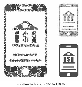 Mobile banking composition of humpy items in variable sizes and color tinges, based on mobile banking icon. Vector tremulant items are composed into composition.