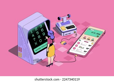 Mobile banking concept in 3d isometric design. Woman manage personal finances, making money transfer using online account in mobile app. Vector isometry illustration with people scene for web graphic