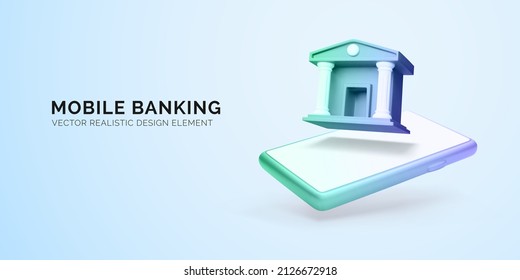 Concepto de banca móvil. 3d objeto comercial realista. Teléfono móvil y arquitectura de banco en la pantalla del teléfono. Ilustración del vector