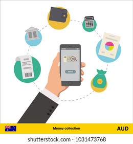 Mobile banking concept. Australian dollar banknote. Transferring Money vector illustration