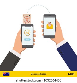 Mobile banking concept. Australian dollar banknote. Transferring Money vector illustration