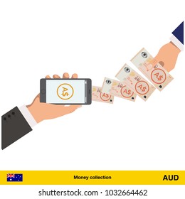 Mobile banking concept. Australian dollar banknote. Transferring Money vector illustration